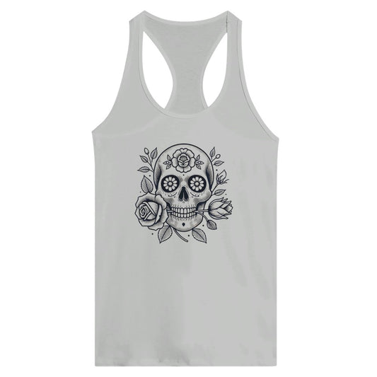 Women’s racerback tank top featuring a striking skull design surrounded by flowers in the style of vintage tattoo artistry. Available in a range of colours.