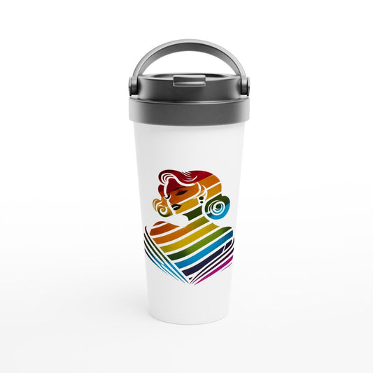 A stylish 15oz stainless steel travel mug featuring a woman’s face in rainbow colours, representing love and diversity. White with a black lid and handle. Maintains the temperature of either hot or cold drinks.