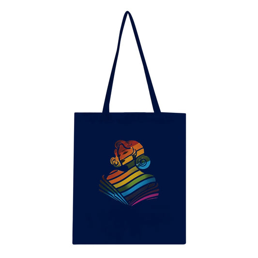 A vibrant and chic tote bag featuring a woman’s face in rainbow colours, celebrating diversity and self-expression. Ideal for stylishly transporting your belongings.