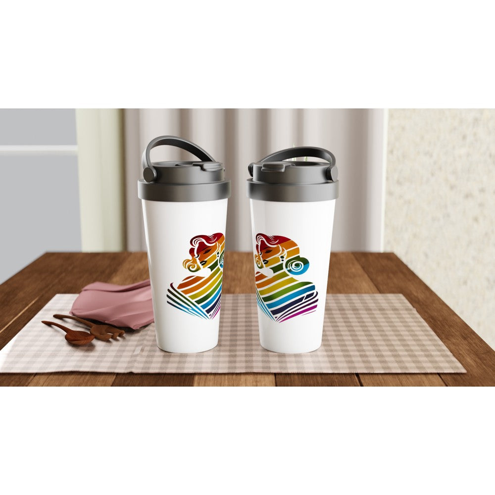 A stylish 15oz stainless steel travel mug featuring a woman’s face in rainbow colours, representing love and diversity. White with a black lid and handle. Maintains the temperature of either hot or cold drinks.