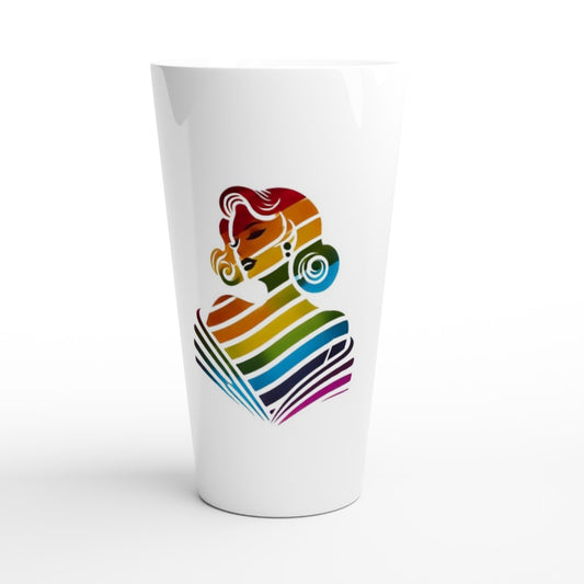 A stylish 17oz white ceramic latte mug featuring a woman’s face in rainbow colours, representing love and diversity. 