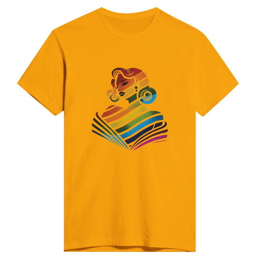 A vibrant t-shirt featuring a woman’s face in rainbow colours, celebrating diversity and self-expression. Available in a range of colours - this one is a deep, golden yellow.