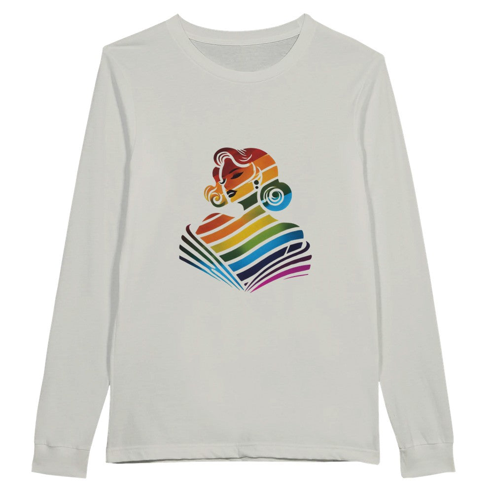 A colourful long sleeved t-shirt showcasing a woman’s face in a rainbow palette, symbolising inclusivity and joy. Available in a range of colours.