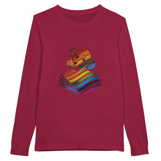 A colourful long sleeved t-shirt showcasing a woman’s face in a rainbow palette, symbolising inclusivity and joy. Available in a range of colours.