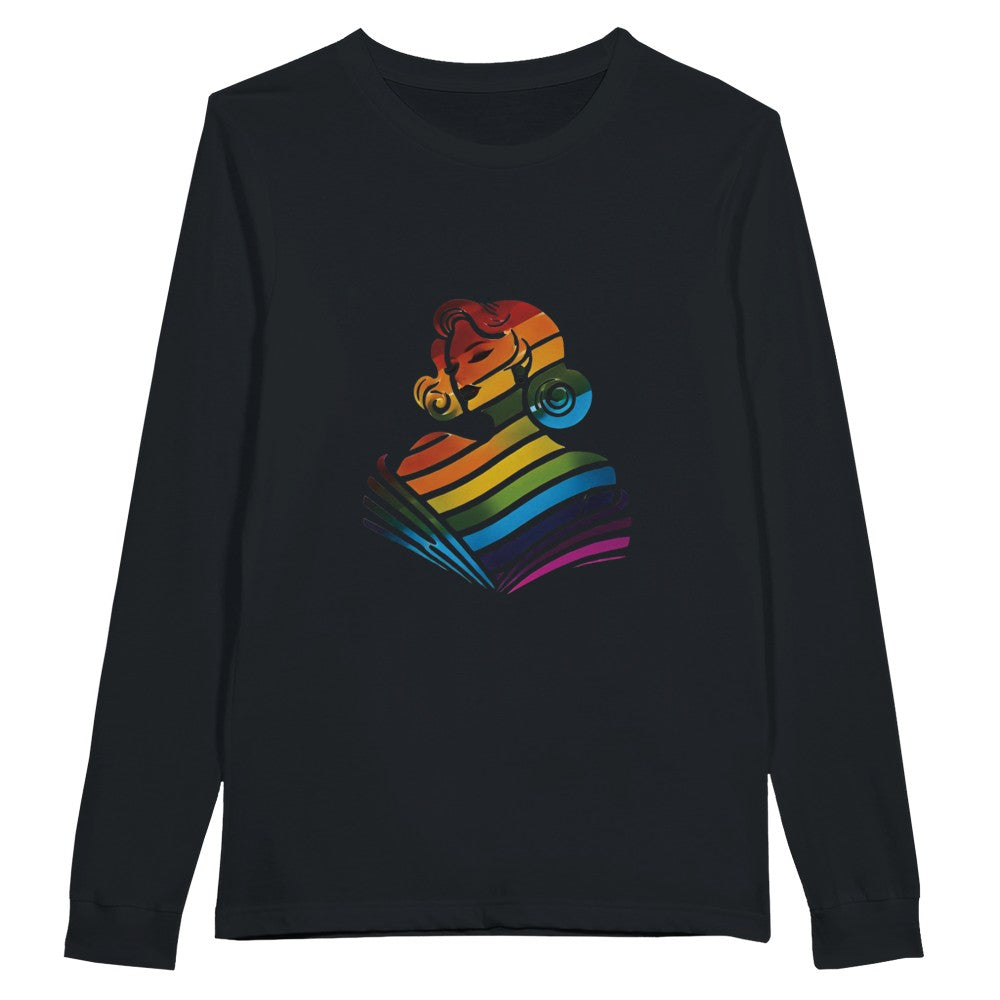 A colourful long sleeved t-shirt showcasing a woman’s face in a rainbow palette, symbolising inclusivity and joy. Available in a range of colours.