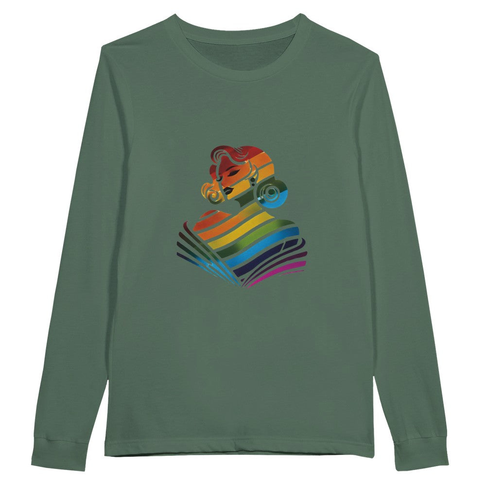 A colourful long sleeved t-shirt showcasing a woman’s face in a rainbow palette, symbolising inclusivity and joy. Available in a range of colours.