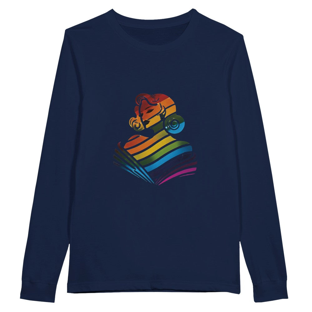 A colourful long sleeved t-shirt showcasing a woman’s face in a rainbow palette, symbolising inclusivity and joy. Available in a range of colours.