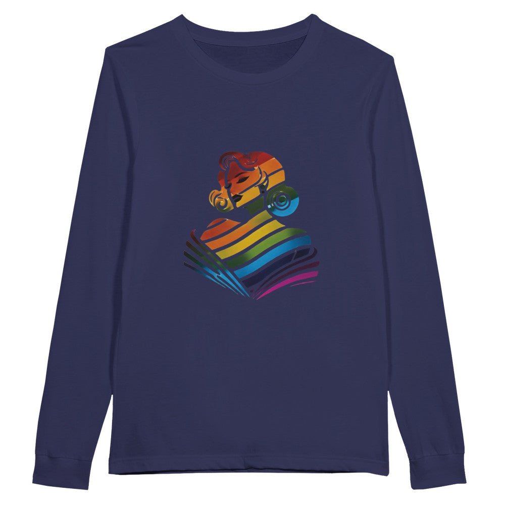 A colourful long sleeved t-shirt showcasing a woman’s face in a rainbow palette, symbolising inclusivity and joy. Available in a range of colours.