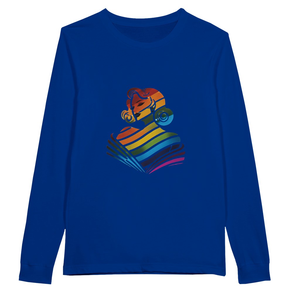 A colourful long sleeved t-shirt showcasing a woman’s face in a rainbow palette, symbolising inclusivity and joy. Available in a range of colours.