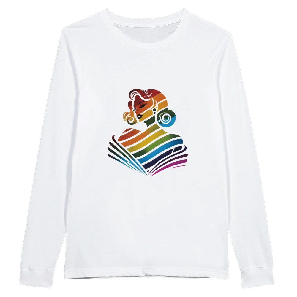 A colourful long sleeved t-shirt showcasing a woman’s face in a rainbow palette, symbolising inclusivity and joy. Available in a range of colours.