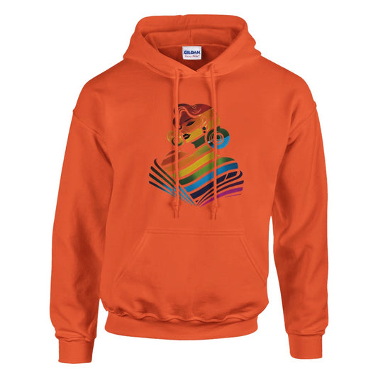 A stylish hoodie adorned with a woman’s face in bright rainbow hues, representing love and individuality. Available in a range of colours.