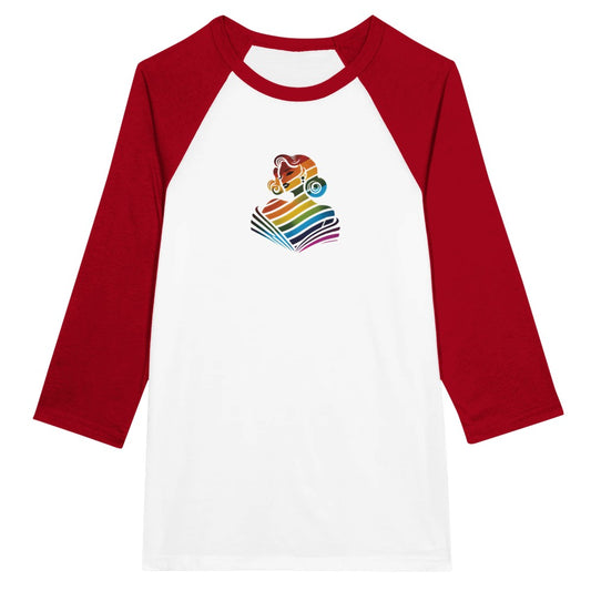 A vibrant baseball style t-shirt featuring a woman’s face in rainbow colours, celebrating diversity and self-expression. Available in a range of colours.