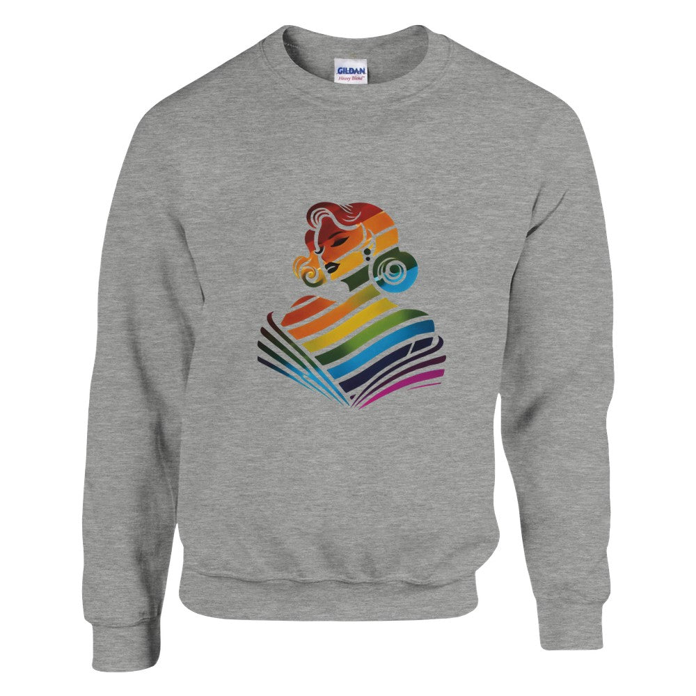A vibrant sweatshirt featuring a woman’s face in rainbow colours, celebrating diversity and self-expression. Available in a range of colours.