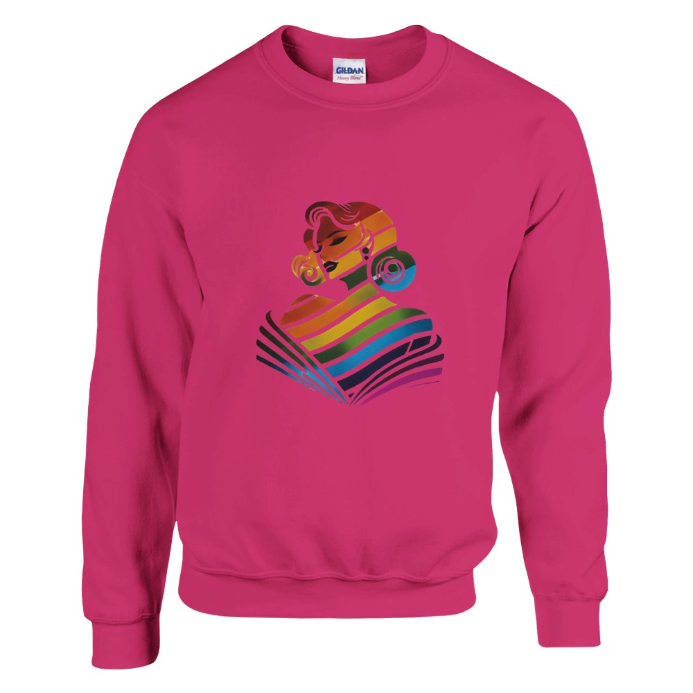 A vibrant sweatshirt featuring a woman’s face in rainbow colours, celebrating diversity and self-expression. Available in a range of colours.