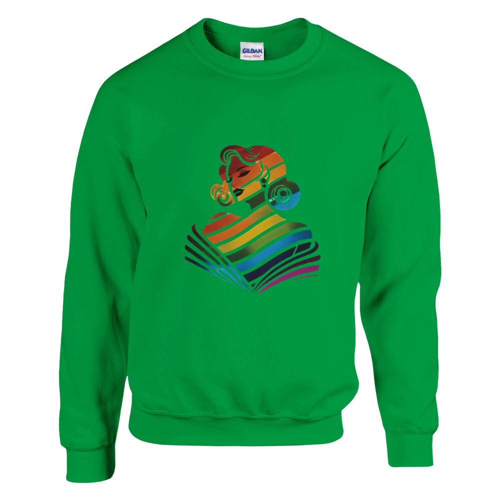 A vibrant sweatshirt featuring a woman’s face in rainbow colours, celebrating diversity and self-expression. Available in a range of colours.
