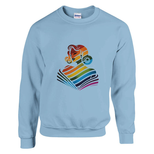 A vibrant sweatshirt featuring a woman’s face in rainbow colours, celebrating diversity and self-expression. Available in a range of colours.