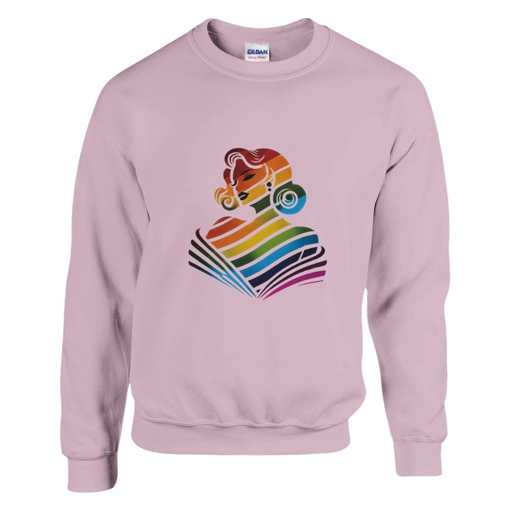 A vibrant sweatshirt featuring a woman’s face in rainbow colours, celebrating diversity and self-expression. Available in a range of colours.
