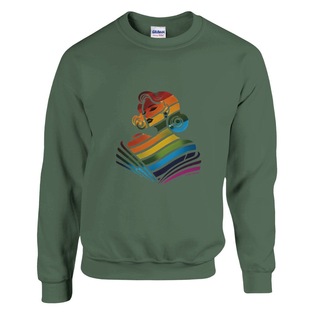 A vibrant sweatshirt featuring a woman’s face in rainbow colours, celebrating diversity and self-expression. Available in a range of colours.