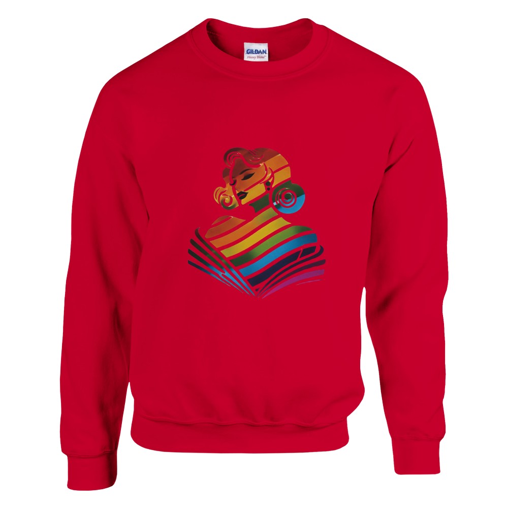 A vibrant sweatshirt featuring a woman’s face in rainbow colours, celebrating diversity and self-expression. Available in a range of colours.