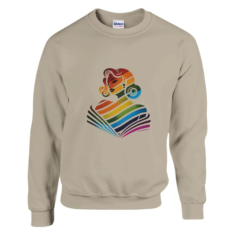 A vibrant sweatshirt featuring a woman’s face in rainbow colours, celebrating diversity and self-expression. Available in a range of colours.