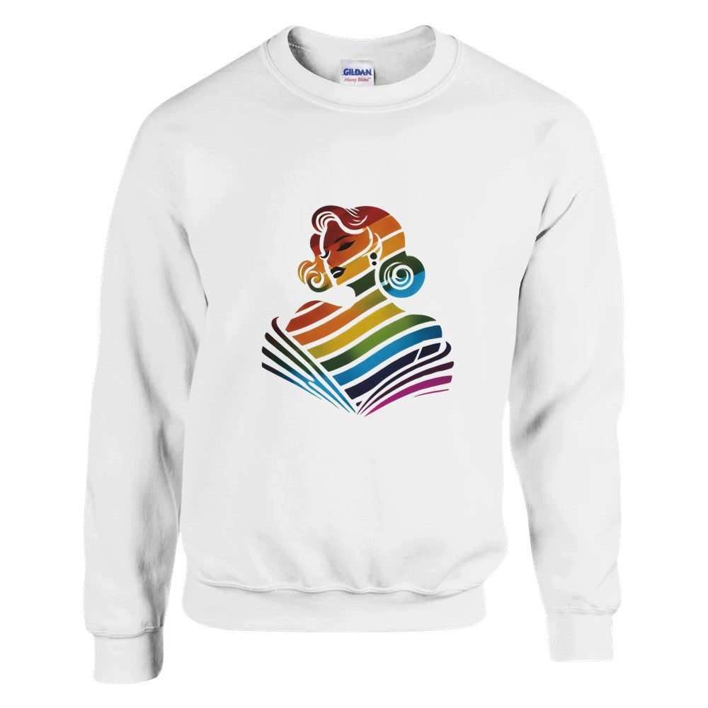 A vibrant sweatshirt featuring a woman’s face in rainbow colours, celebrating diversity and self-expression. Available in a range of colours.