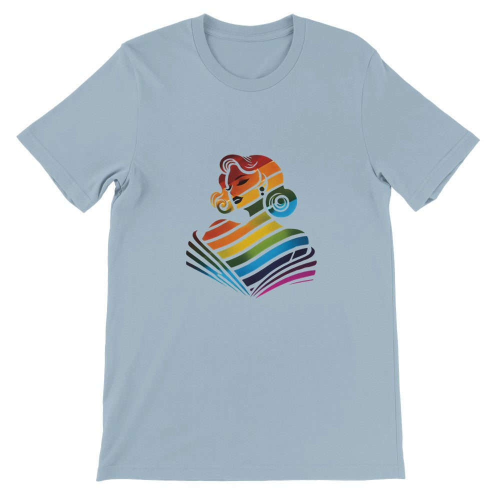 A stylish t-shirt adorned with a woman’s face in bright rainbow hues, representing love and individuality. Available in a range of colours.
