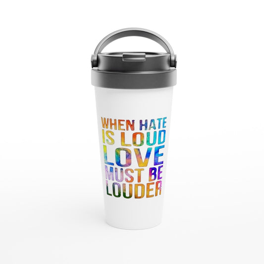 A stylish 15oz stainless steel travel mug featuring the inspiring words ‘Love must be louder’ in rainbow colours. White with a black lid and handle. Maintains the temperature of either hot or cold drinks.