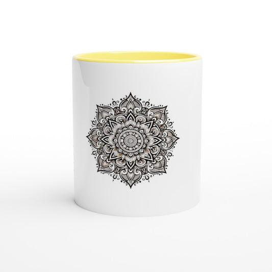 A stylish 11oz ceramic mug featuring an intricate black and white mandala design. White with a coloured inside and handle. Available in a range of colours.