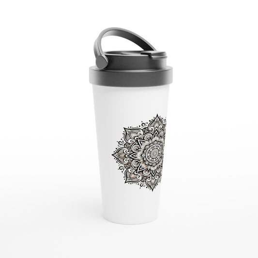A stylish 15oz stainless steel travel mug featuring an intricate black and white mandala design.  White with a black lid and handle. Maintains the temperature of either hot or cold drinks.