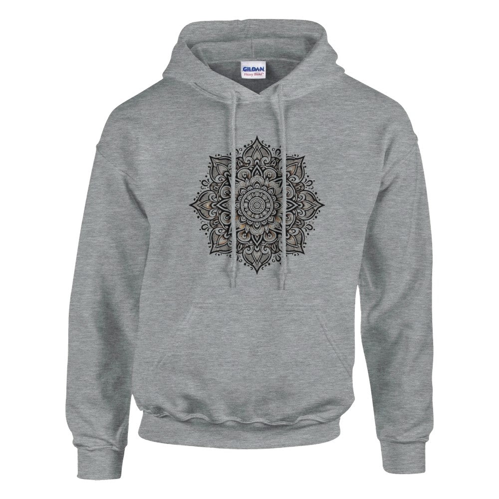Pullover hoodie adorned with a detailed black and white mandala pattern, perfect for casual wear. Available in a range of colours.Available in a range of colours.