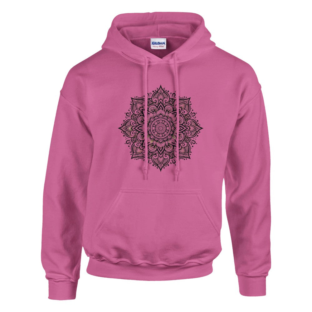 Pullover hoodie adorned with a detailed black and white mandala pattern, perfect for casual wear. Available in a range of colours.Available in a range of colours.