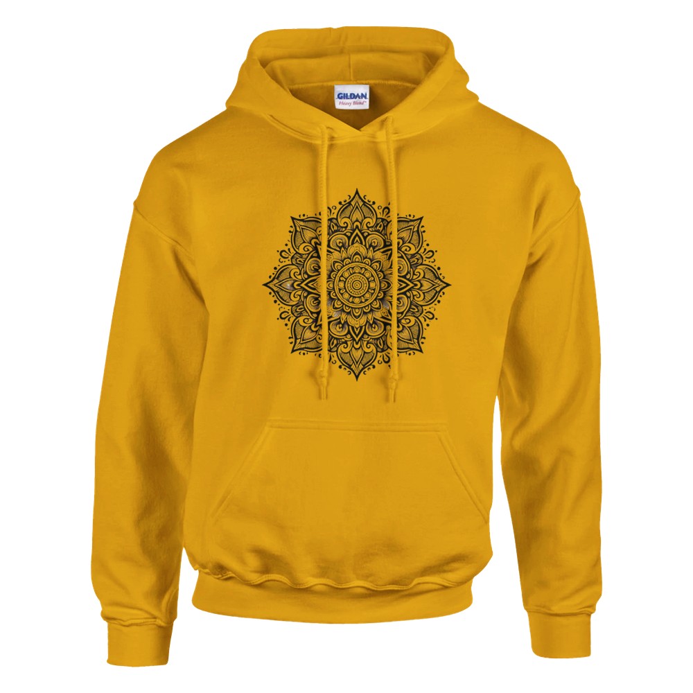 Pullover hoodie adorned with a detailed black and white mandala pattern, perfect for casual wear. Available in a range of colours.Available in a range of colours - this one is a deep, golden yellow.