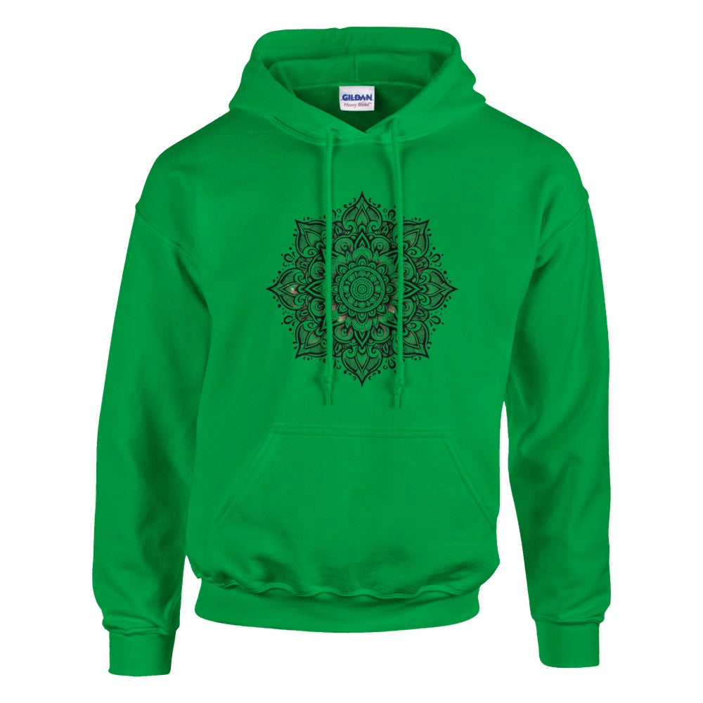 Pullover hoodie adorned with a detailed black and white mandala pattern, perfect for casual wear. Available in a range of colours.Available in a range of colours.