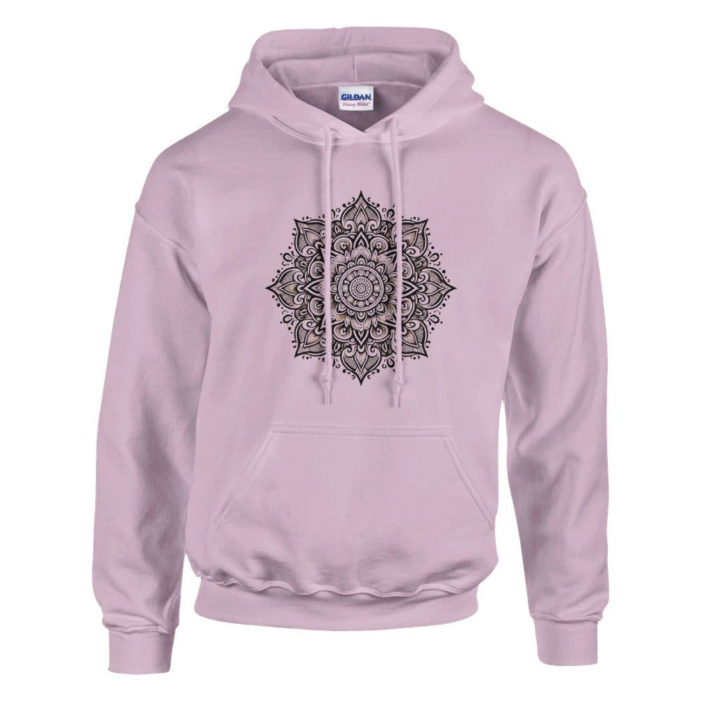 Pullover hoodie adorned with a detailed black and white mandala pattern, perfect for casual wear. Available in a range of colours.Available in a range of colours.
