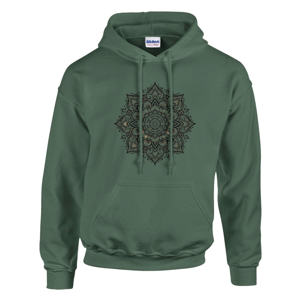 Pullover hoodie adorned with a detailed black and white mandala pattern, perfect for casual wear. Available in a range of colours.Available in a range of colours.