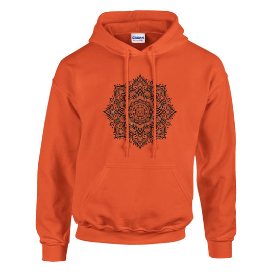 Pullover hoodie adorned with a detailed black and white mandala pattern, perfect for casual wear. Available in a range of colours.Available in a range of colours.