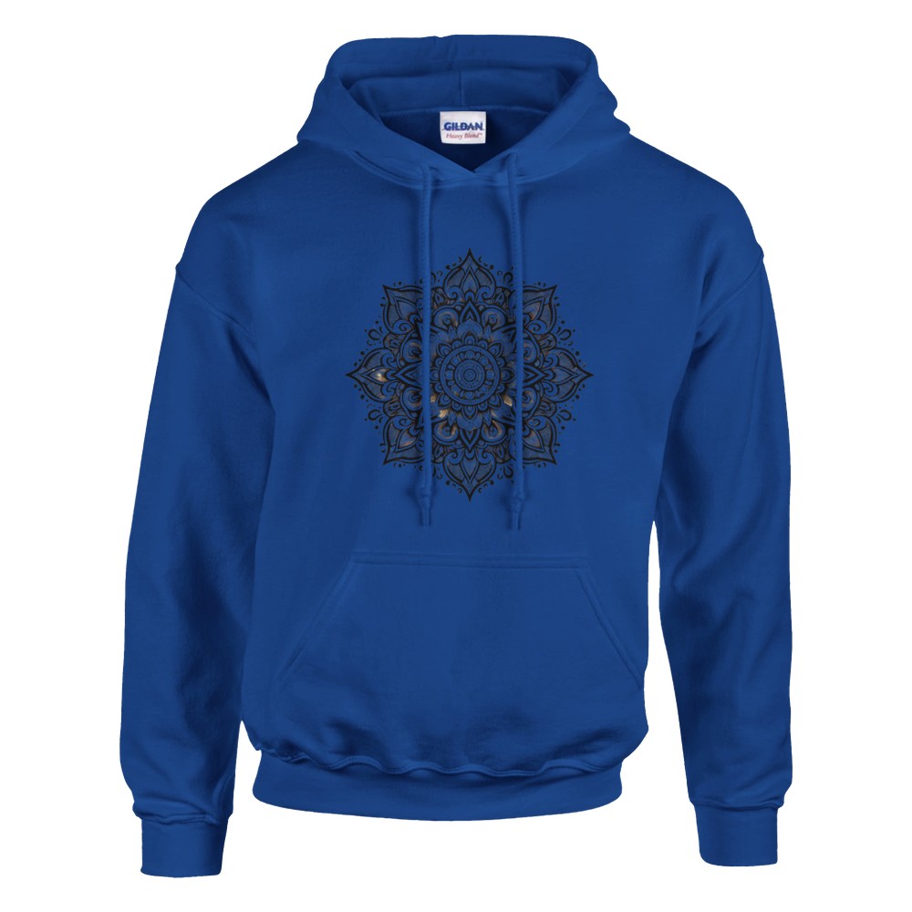 Pullover hoodie adorned with a detailed black and white mandala pattern, perfect for casual wear. Available in a range of colours.Available in a range of colours.