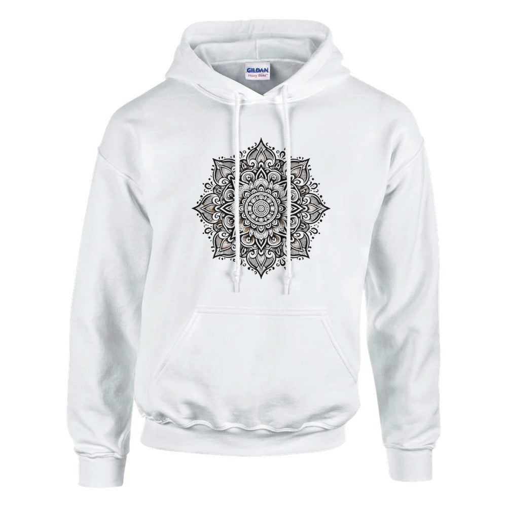 Pullover hoodie adorned with a detailed black and white mandala pattern, perfect for casual wear. Available in a range of colours.Available in a range of colours.