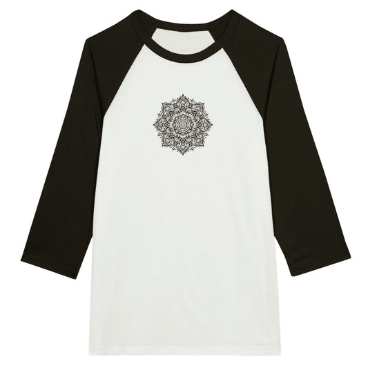 Baseball style raglan top adorned with a detailed black and white mandala pattern, perfect for casual wear. Available in a range of colours.Available in a range of colours.