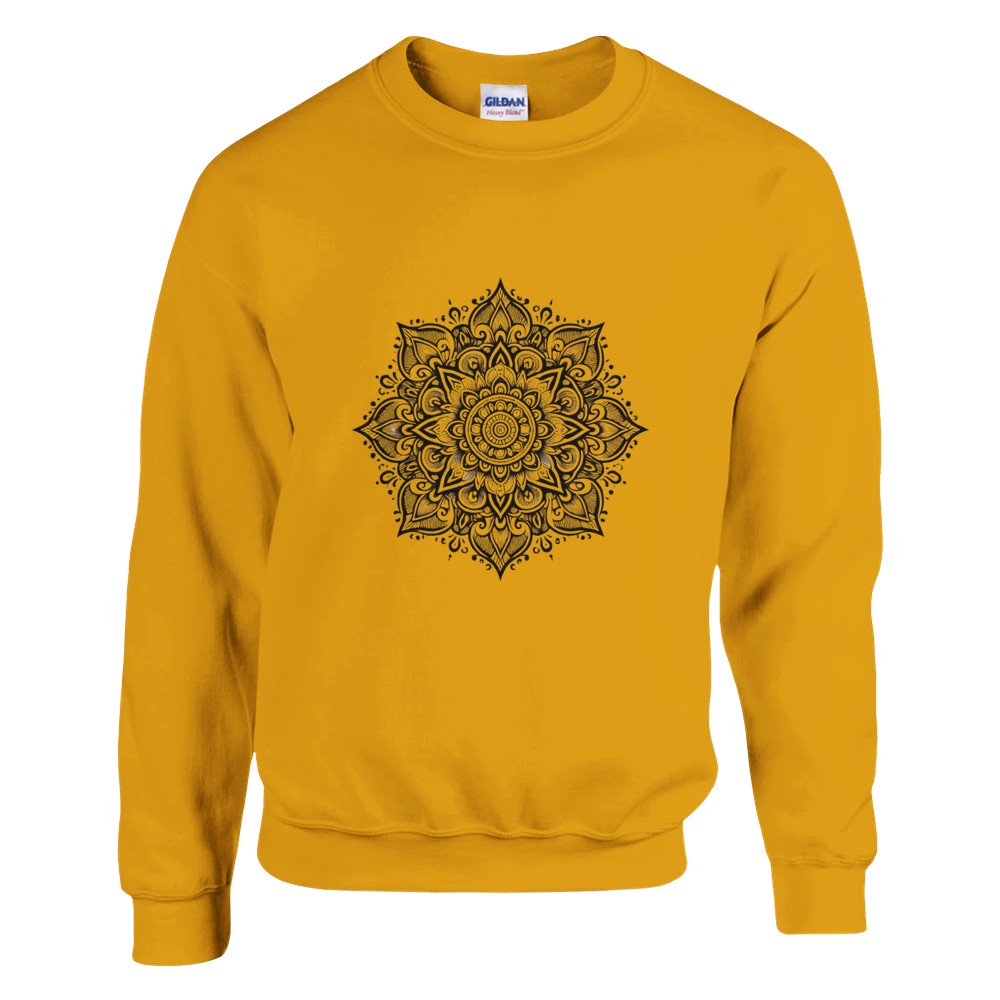 Sweatshirt featuring a striking black and white mandala design at the centre. Available in a range of colours.Available in a range of colours - this one is a deep, golden yellow.