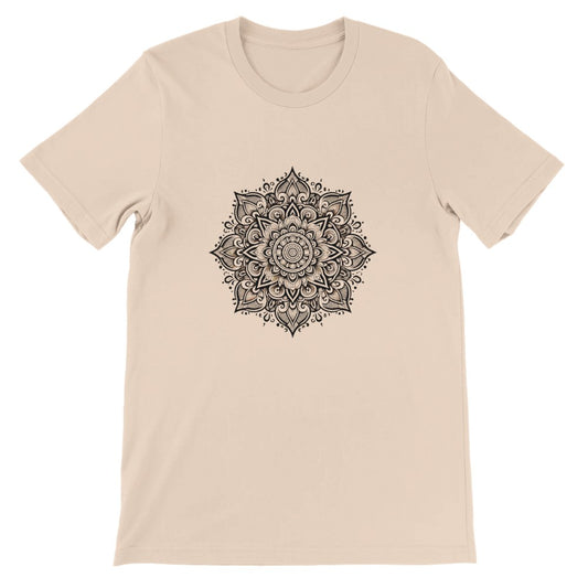 Unisex t-shirt showcasing an intricate black and white mandala design, ideal for adding flair to any outfit. Available in a range of colours.