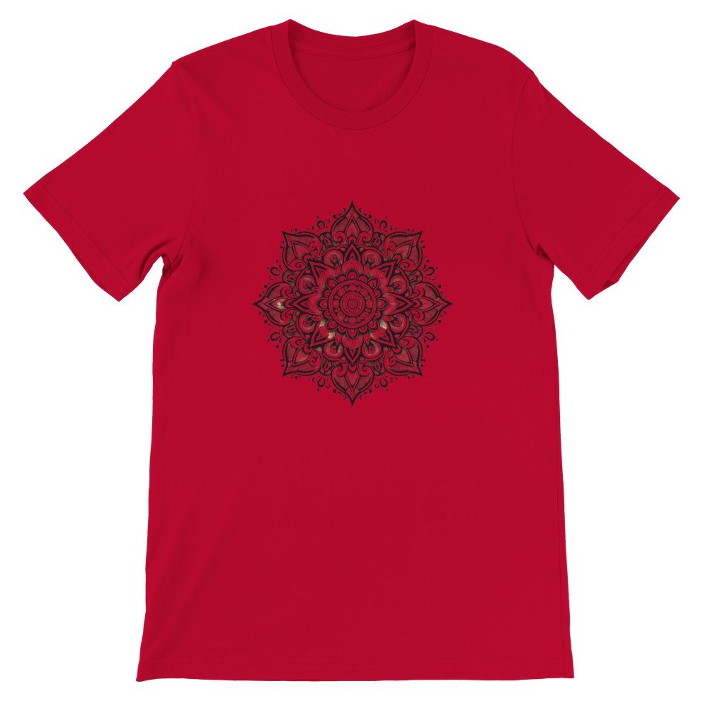 Unisex t-shirt showcasing an intricate black and white mandala design, ideal for adding flair to any outfit. Available in a range of colours.