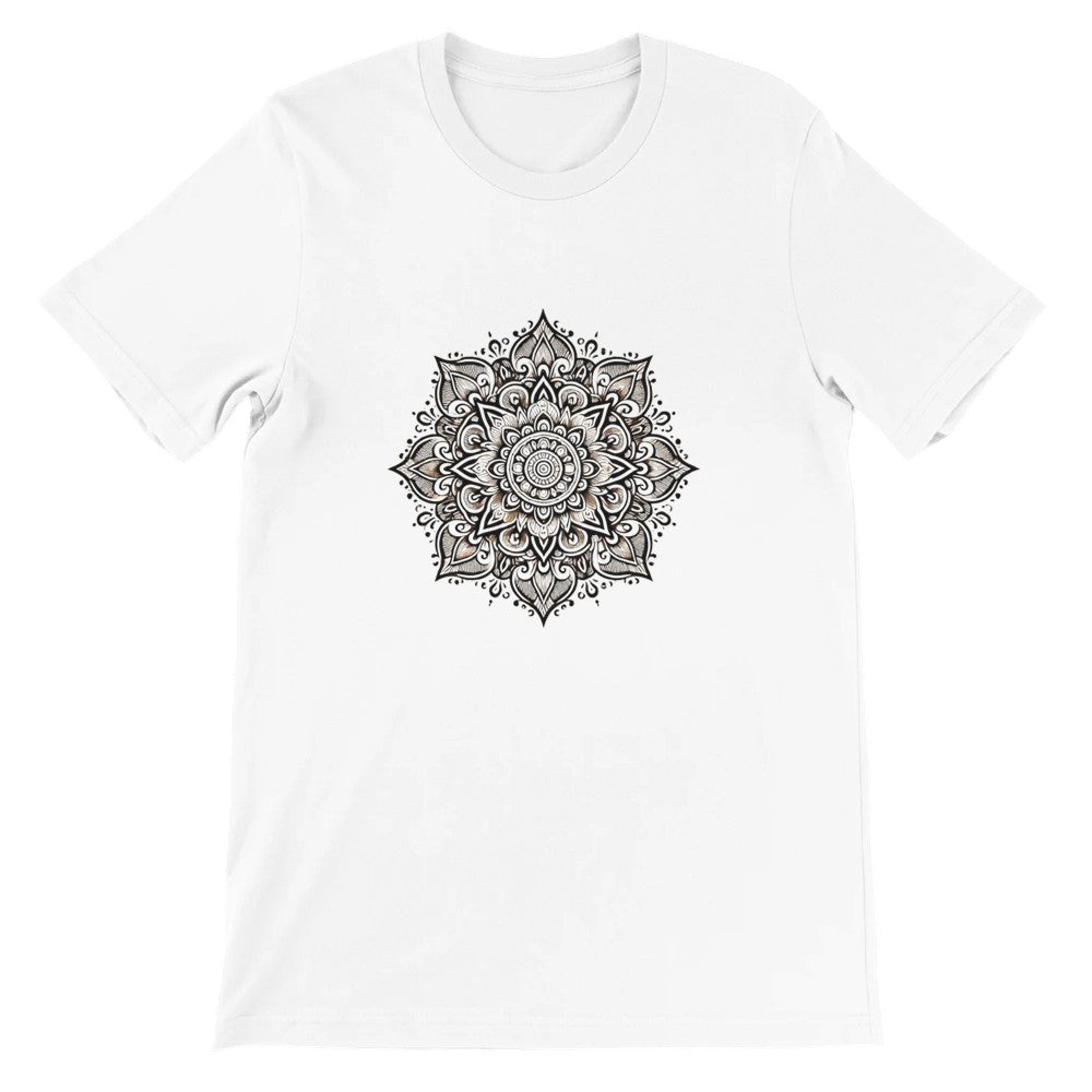 Unisex t-shirt showcasing an intricate black and white mandala design, ideal for adding flair to any outfit. Available in a range of colours.