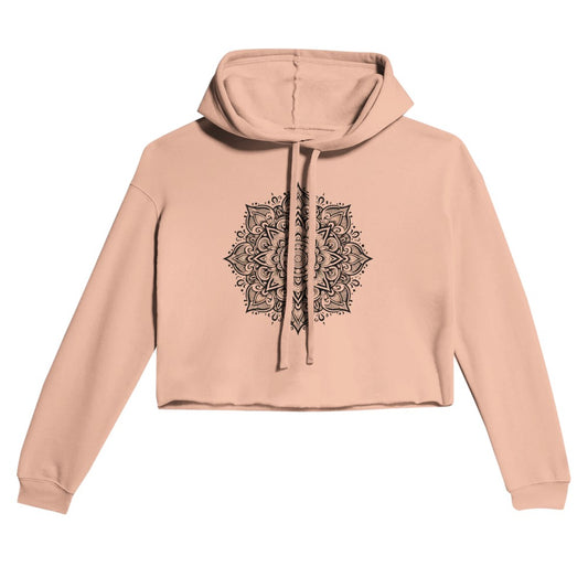 Women’s cropped hoodie showcasing an intricate black and white mandala design, ideal for adding flair to any outfit. Available in a range of colours.