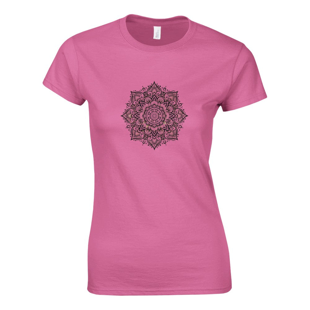 Women’s fitted t-shirt adorned with a detailed black and white mandala pattern, perfect for casual wear. Available in a range of colours.