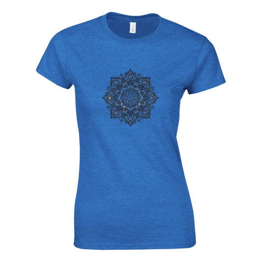 Women’s fitted t-shirt adorned with a detailed black and white mandala pattern, perfect for casual wear. Available in a range of colours.