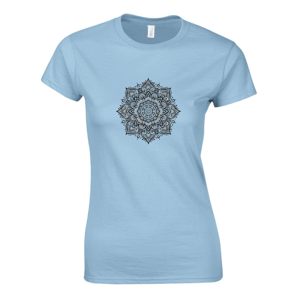Women’s fitted t-shirt adorned with a detailed black and white mandala pattern, perfect for casual wear. Available in a range of colours.