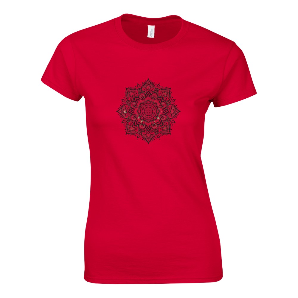 Women’s fitted t-shirt adorned with a detailed black and white mandala pattern, perfect for casual wear. Available in a range of colours.