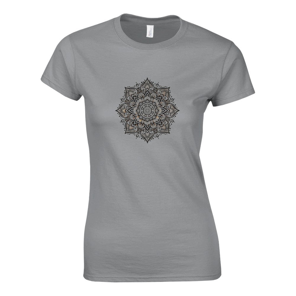 Women’s fitted t-shirt adorned with a detailed black and white mandala pattern, perfect for casual wear. Available in a range of colours.