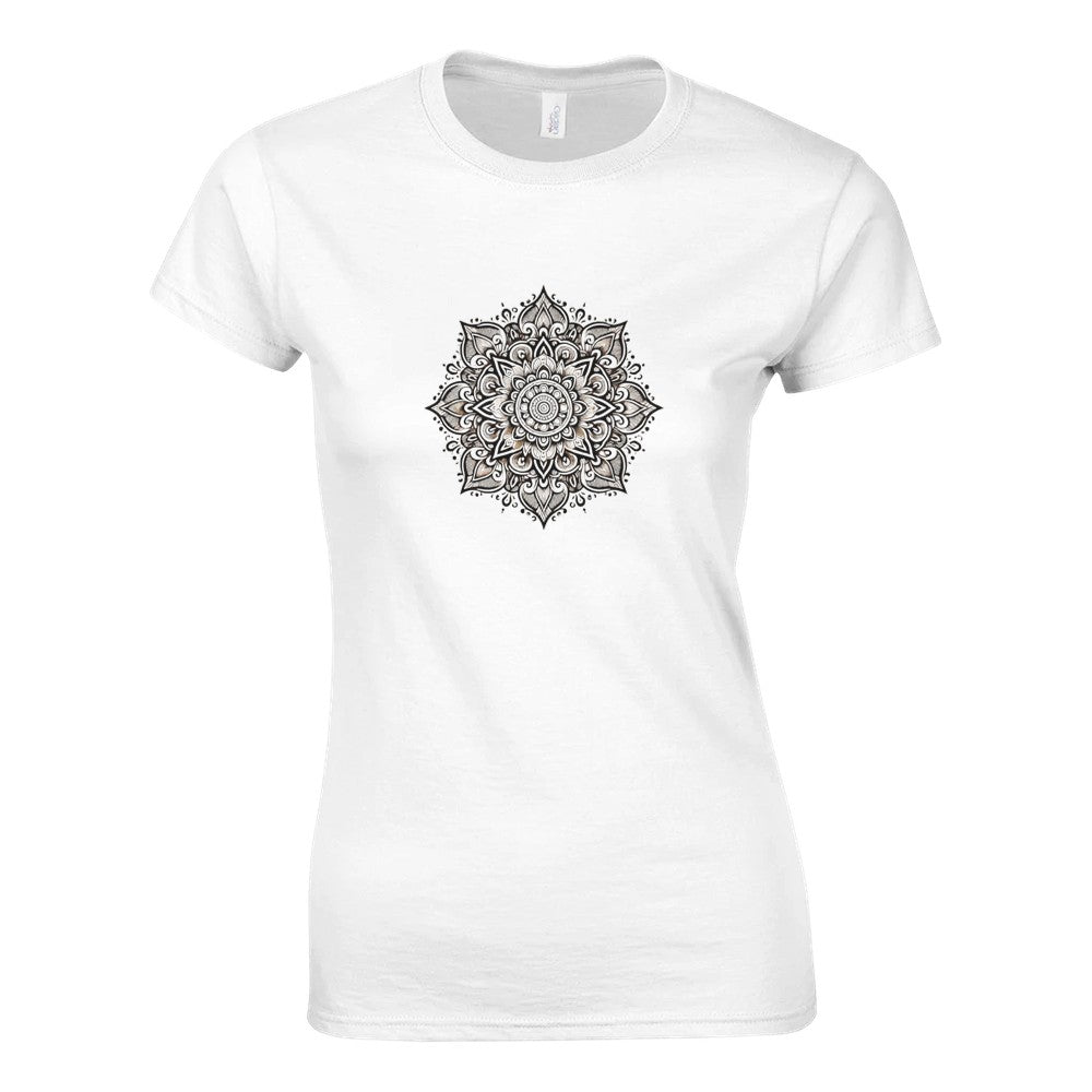 Women’s fitted t-shirt adorned with a detailed black and white mandala pattern, perfect for casual wear. Available in a range of colours.